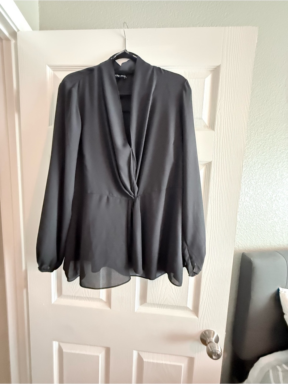 City Chic Black Long-Sleeve Draped V-Neck Blouse